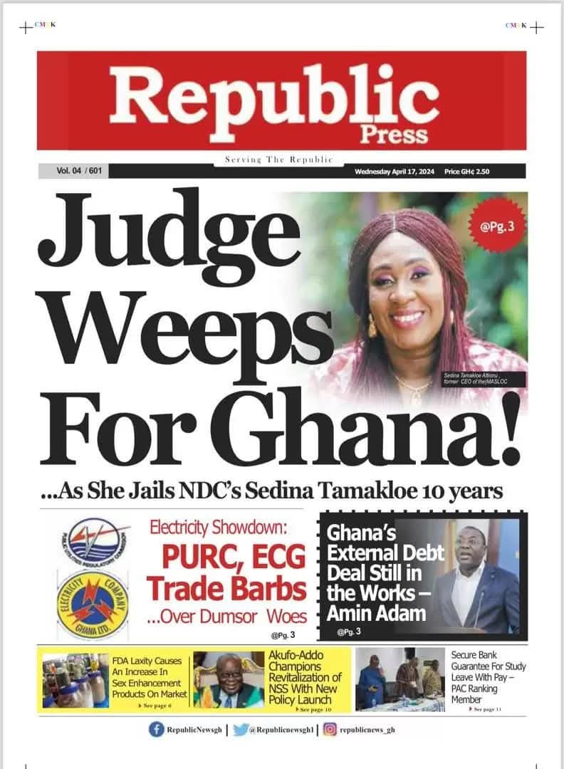 Newspaper headlines on Sedina Tamakloe's sentencing in 2024